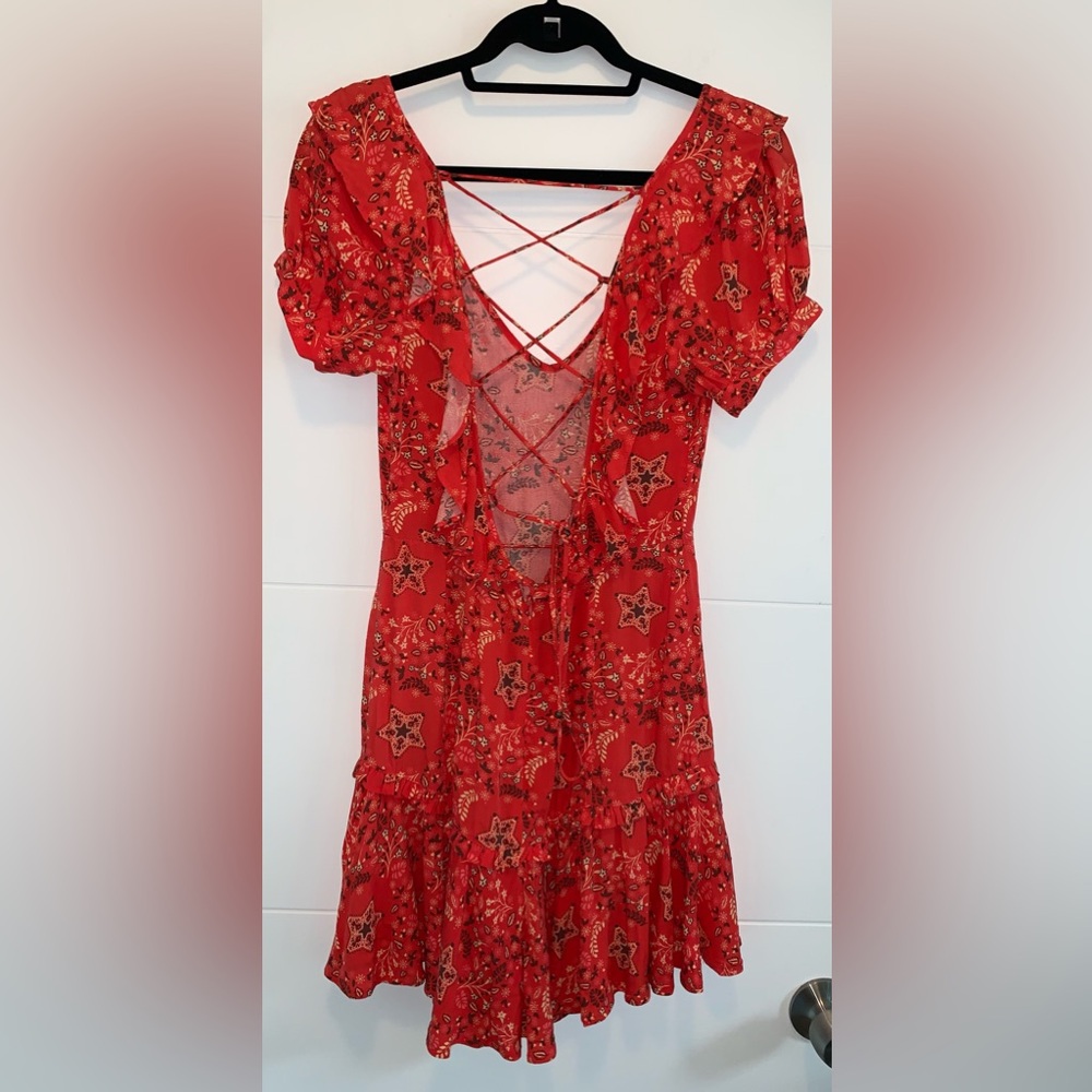 Spell & The Gypsy Celestial Red Floral Ruffle Mini Dress XS - Picture 9 of 10
